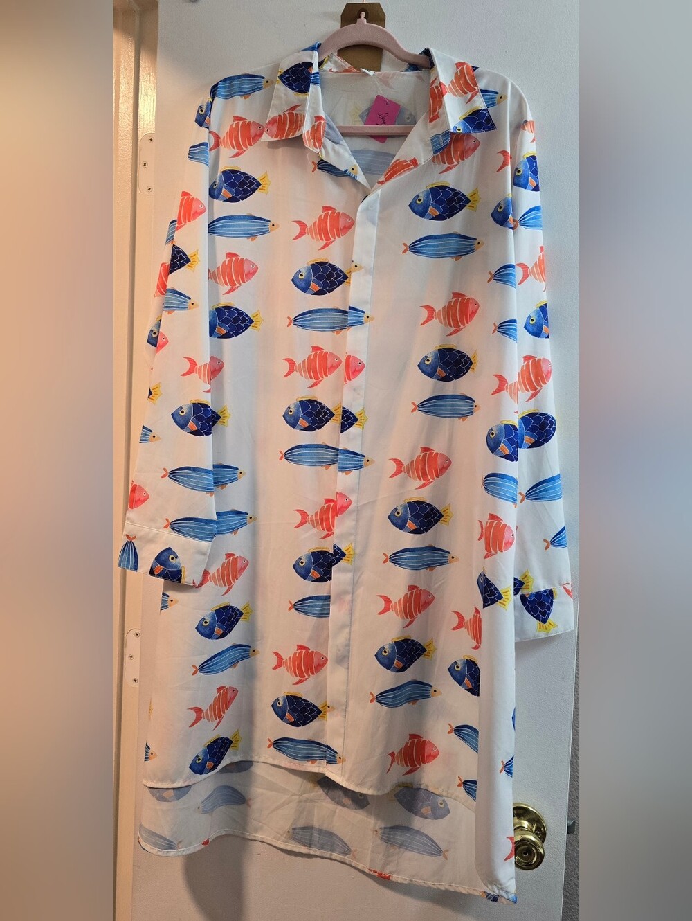 119 White Fish-Print Button-Down Women's Dress